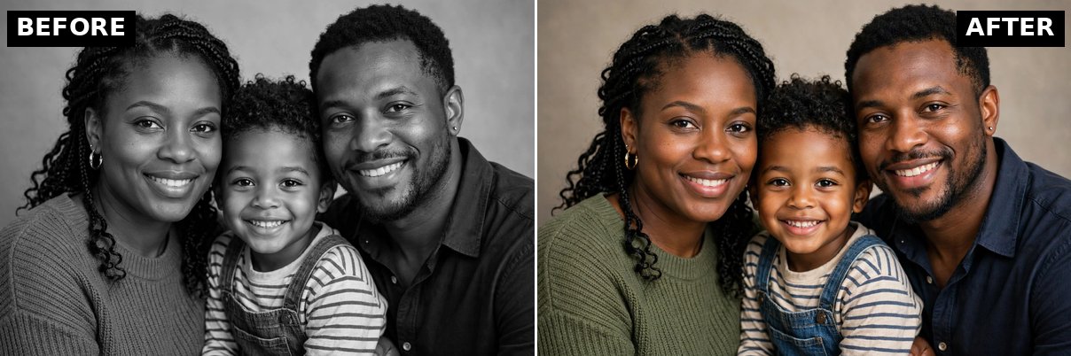 Black-and-white family portrait before and after colorization