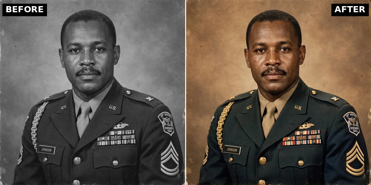 Black-and-white military portrait before and after colorization