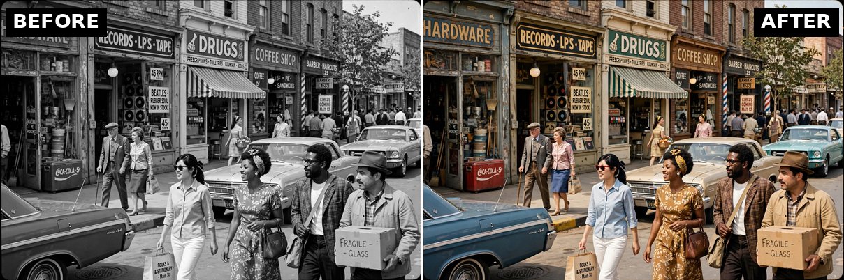 Black-and-white street scene before and after colorization