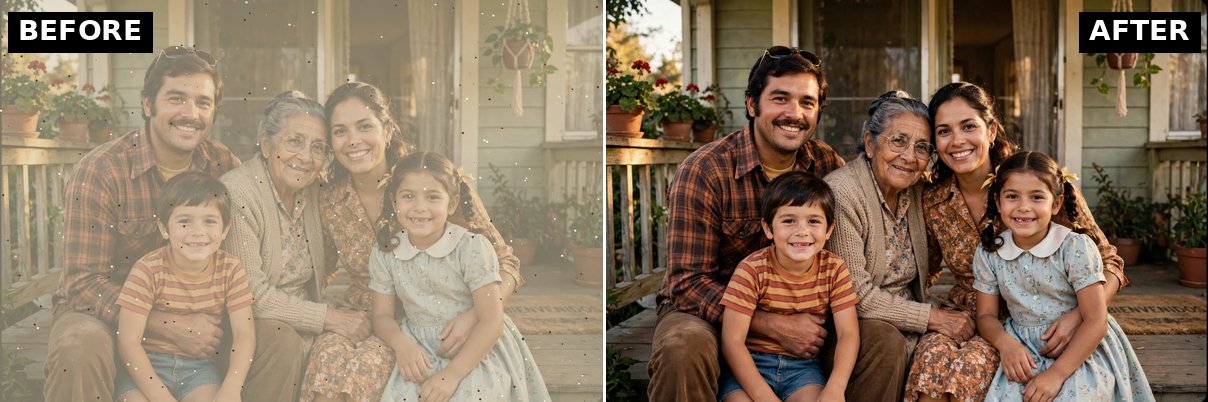 Badly faded family photo before and after restoration