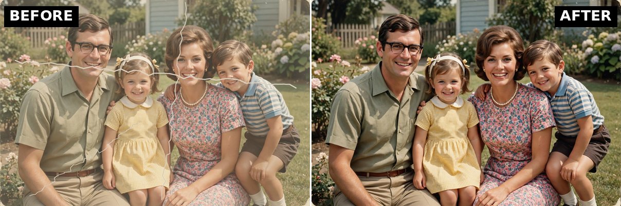 Torn family photo before and after restoration